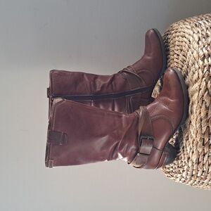 PIKOLINOS Womens Brown Leather Moto/Western Mid Calf Boots Zip Up 2" Heel 7.5/38